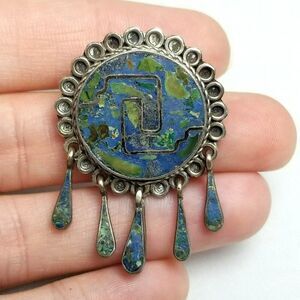 Vintage Sterling Silver Chrysocolla Turquoise Inlay Pin Pendant Brooch, Mexico